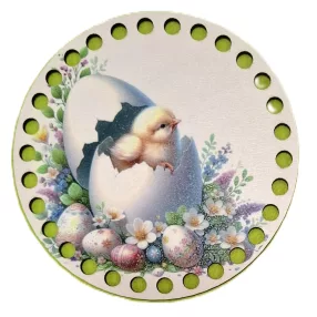   12cm Horgolható nyomtatott fa alap 7 mm lyukkal   Kiscsibe tojáshéjban    	1db	12cm vastagság 2,5mm	