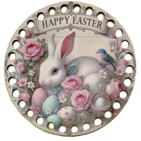   12cm Horgolható nyomtatott fa alap Fehér nyuszi virágokkal  Happy easter   felirattal	1db	12cm vastagság 3mm	