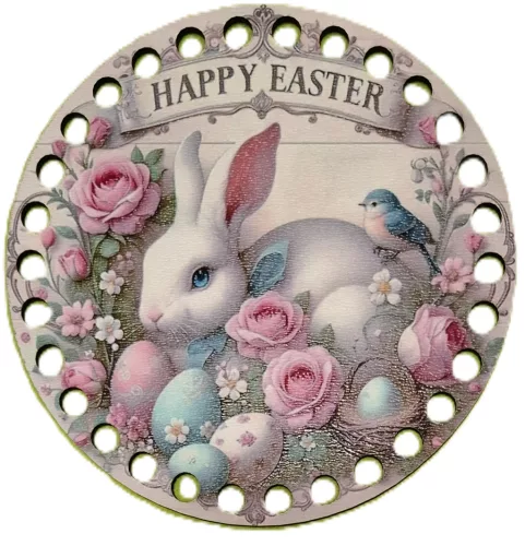 12cm Horgolható nyomtatott fa alap Fehér nyuszi virágokkal  Happy easter   felirattal	1db	12cm vastagság 3mm	