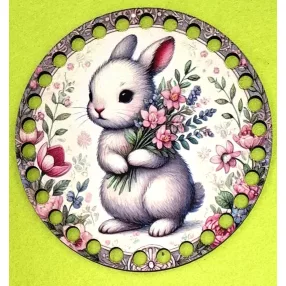   12cm Horgolható nyomtatott fa alap Fehér nyuszi virágcsokorral 	1db	12cm vastagság 3mm	