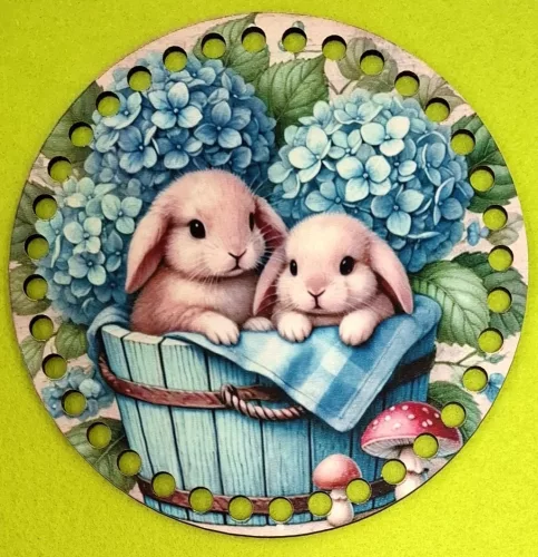 15cm Horgolható nyomtatott fa alap 7 mm lyukkal  Két nyuszkó dézsában   	1db	15cm vastagság 3mm	