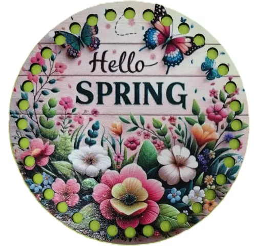 15cm kör Horgolható nyomtatott fa alap 7mm lyukkal Sárga deszkás háttérrel  virágos pillangós Hello Spring felirattal  7mm lyukkal 	1db	15cm cm vastagság 3mm				