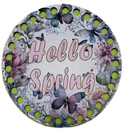 12cm Horgolható nyomtatott fa alap 7mm lyukkal Pillangós háttér Hello spring  felirattal	1db/csomag	12cm vastagság 3mm	