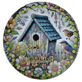   15cm Horgolható nyomtatott fa alap   7 mm lyukkal Zöldtetős madáretető Hello Spring felirattal	1db/csomag	15cm vastagság 3mm	