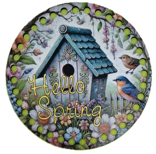 15cm Horgolható nyomtatott fa alap   7 mm lyukkal Zöldtetős madáretető Hello Spring felirattal	1db/csomag	15cm vastagság 3mm	