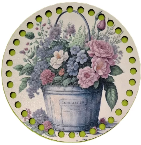 15cm Horgolható nyomtatott fa alap 7 mm lyukkal   Fém vödörbe virág csokor  felirattal 	1db/csomag	15cm vastagság 3mm	