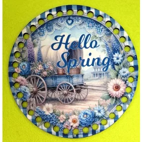   15cm Horgolható nyomtatott fa alap 7 mm lyukkal   Kék kockás  háttér  szekérrel Hello Spring felirattal  	1db/csomag	15cm vastagság 2,5mm	