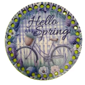   15cm Horgolható nyomtatott fa alap 7 mm lyukkal Lila kerékpár levendulás háttér Hello Spring  felirattal 	1db/csomag	15cm vastagság 3mm	