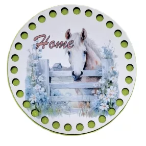   12cm Horgolható nyomtatott fa alap Fehér ló karámban 7mm lyukkal Home   felirattal	1db/csomag	12cm vastagság 3mm	
