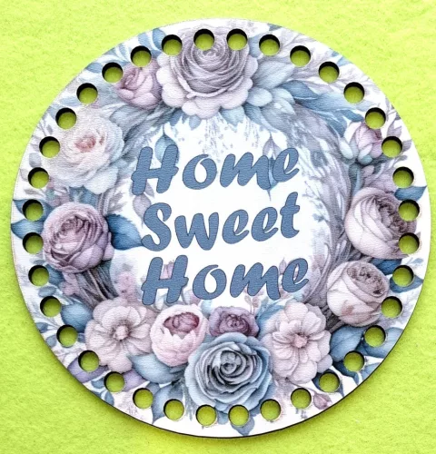 15cm Horgolható nyomtatott fa alap 7 mm lyukkal   Virág koszorú szürke Home Sweet Home  felirattal    	1db/csomag	15cm vastagság 3mm	