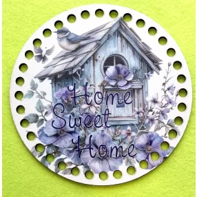   15cm Horgolható nyomtatott fa alap 7mm lyukkal Szürke házikós madáretető ,lilla virággal Home Sweet Home  felirattal	1db/csomag	15cm vastagság 3mm	