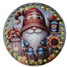   15 cm  Horgolható nyomtatott fa Kopogtató közép 7mm lyukkal   Üllő manó napraforgókkal  Hello Fall felirattal 	1db	15cm vastagság 3mm	