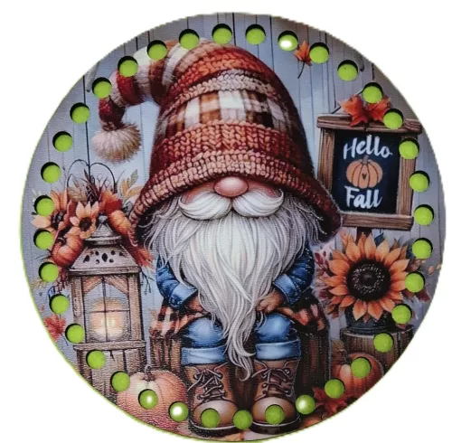 15 cm  Horgolható nyomtatott fa Kopogtató közép 7mm lyukkal   Üllő manó napraforgókkal  Hello Fall felirattal 	1db	15cm vastagság 3mm	