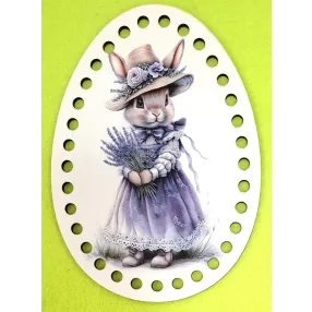   Tojás  Horgolható nyomtatott fa alap 6mm lyukkal Nyuszilány levendula csokorral 	1db/csomag	11x15cm vastagság 3mm		hoa320		