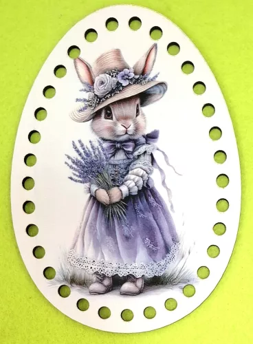 Tojás  Horgolható nyomtatott fa alap 6mm lyukkal Nyuszilány levendula csokorral 	1db/csomag	11x15cm vastagság 3mm		hoa320		