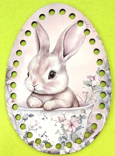 Tojás  Horgolható nyomtatott fa alap 6mm lyukkal Nyuszi teás csészében 	1db/csomag	11x15cm vastagság 3mm				