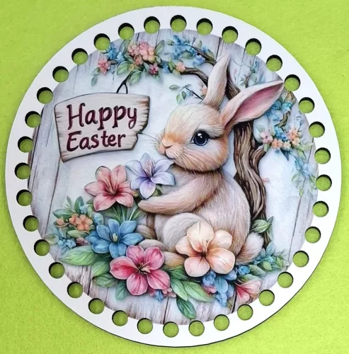 15cm Horgolható nyomtatott fa alap 7mm lyukka Nyuszkó színes virágokkal 	1db	15cm vastagság 2,5mm	