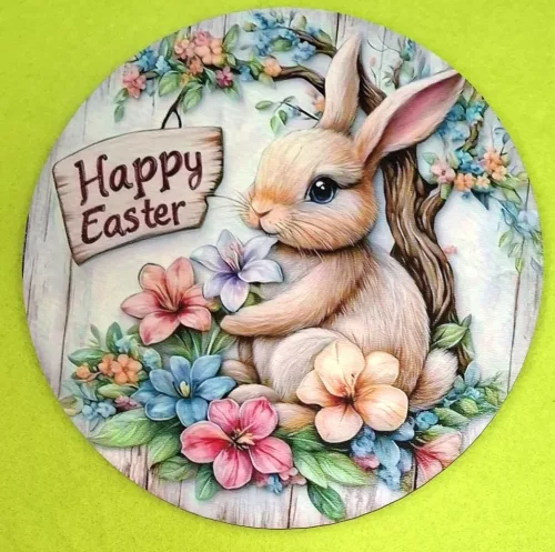 Nyomtatott kerek kopogtató közép Nyuszkó színes virágokkal 	1db	15cm vastagság 2,5mm				