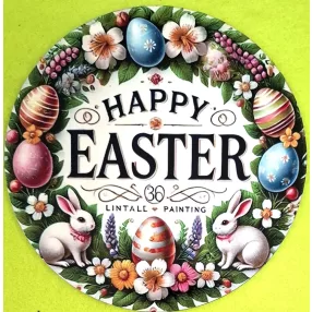   Nyomtatott kerek kopogtató közép Nyuszkó színes virágokkal 	1db	15cm vastagság 2,5mm	