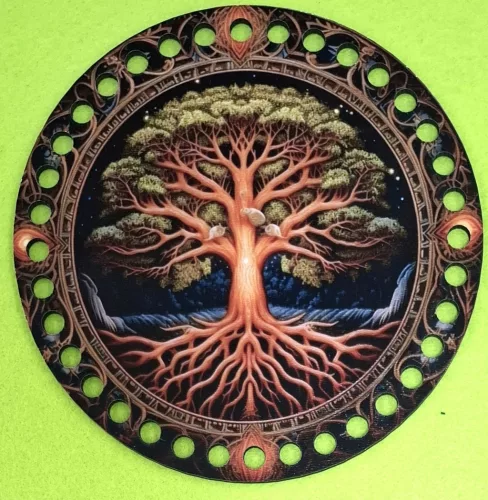 15cm Horgolható nyomtatott fa alap 7mm lyukka Életfa narancssárgás  	1db	15cm vastagság 2,5mm	