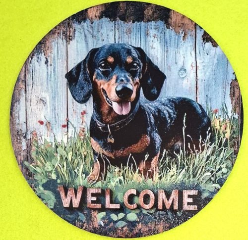 Nyomtatott kerek kopogtató közép  Tacsis deszkás háttér Welcome felirattal  	1db	15cm vastagság 2,5mm	