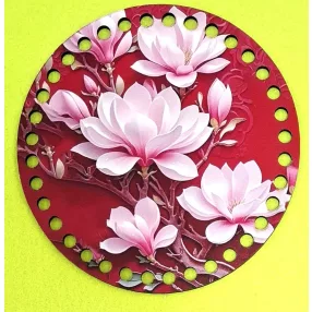   15cm Horgolható nyomtatott fa alap 7mm lyukka Piros háttérel magnólia virág   	1db	15cm vastagság 2,5mm	