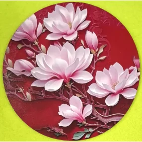  Nyomtatott kerek kopogtató közép Piros háttérel magnólia virág  	1db	15cm vastagság 2,5mm	