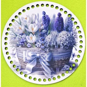   19,5cm Horgolható nyomtatott fa alap 7 mm lyukkal    Hóvirág és lila  jácint kosárban 	1db	19,5cm vastagság 2,5mm	