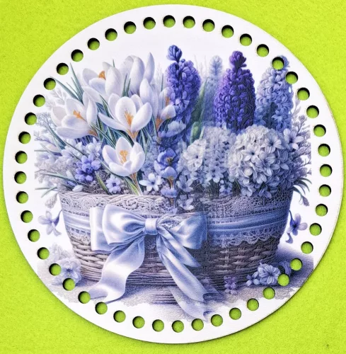 19,5cm Horgolható nyomtatott fa alap 7 mm lyukkal    Hóvirág és lila  jácint kosárban 	1db	19,5cm vastagság 2,5mm	