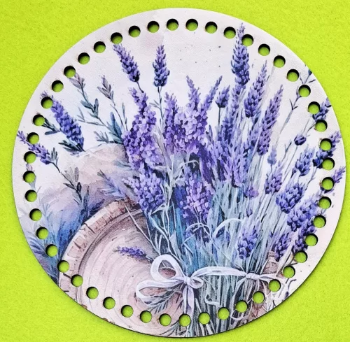 19,5cm Horgolható nyomtatott fa alap 7 mm lyukkal    Levendula csokros 	1db	19,5cm vastagság 2,5mm	