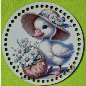   19,5cm Horgolható nyomtatott fa alap 7 mm lyukkal   Kiskacsa Virág kosárral  	1db	19,5cm vastagság 2,5mm	