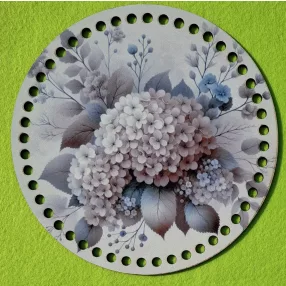   19,5cm Horgolható nyomtatott fa alap 7 mm lyukkal Hortenziás 	1db	19,5cm vastagság 2,5mm	
