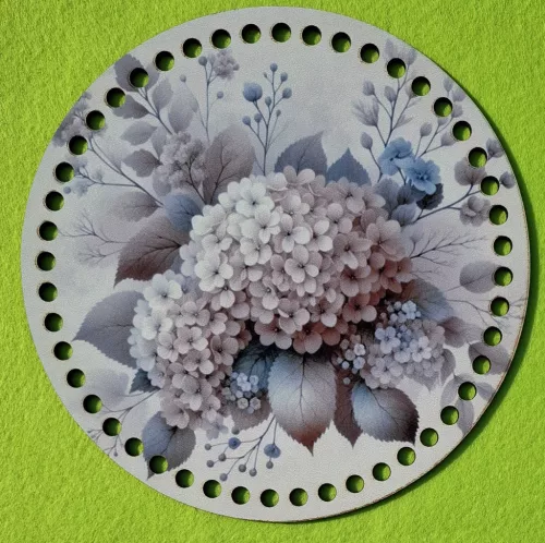 19,5cm Horgolható nyomtatott fa alap 7 mm lyukkal Hortenziás 	1db	19,5cm vastagság 2,5mm	
