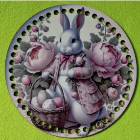   19,5cm Horgolható nyomtatott fa alap 7 mm lyukkal   Fehér Nyuszi rózsaszín virággal  	1db	19,5cm vastagság 2,5mm	