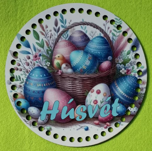 19,5cm Horgolható nyomtatott fa alap 7 mm lyukkal   Tojás kosár Húsvét felirattal  	1db	19,5cm vastagság 2,5mm	