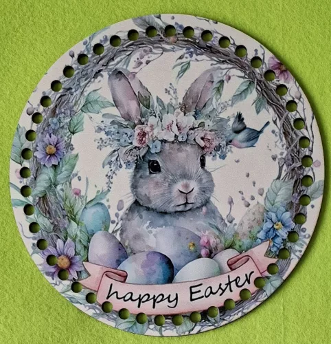 19,5cm Horgolható nyomtatott fa alap Nyuszi tojásokkal Happy easter  felirattal	1db	19,5cm vastagság 3mm	