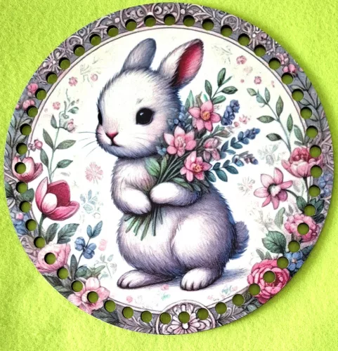 19,5cm Horgolható nyomtatott fa alap Fehér nyuszi virágcsokorral 	1db	19,5cm vastagság 3mm	