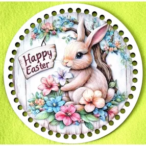   19,5cm Horgolható nyomtatott fa alap 7mm lyukka Nyuszkó színes virágokkal 	1db	19,5cm vastagság 2,5mm	