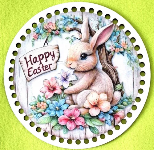 19,5cm Horgolható nyomtatott fa alap 7mm lyukka Nyuszkó színes virágokkal 	1db	19,5cm vastagság 2,5mm	