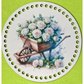   19,5cm Horgolható nyomtatott fa alap 7 mm lyukkal    Fehér rózsa talicskában  	1db	19,5cm vastagság 2,5mm	