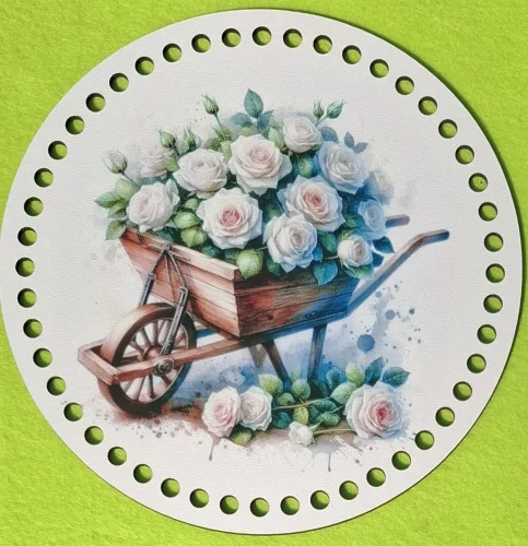 19,5cm Horgolható nyomtatott fa alap 7 mm lyukkal    Fehér rózsa talicskában  	1db	19,5cm vastagság 2,5mm	