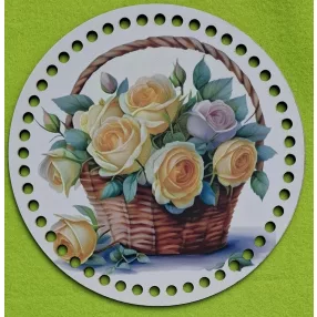   19,5cm Horgolható nyomtatott fa alap 7 mm  Sárga rózsa fonott kosárban 	1db	19,5cm vastagság 2,5mm	