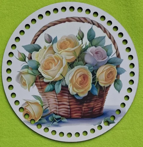 19,5cm Horgolható nyomtatott fa alap 7 mm  Sárga rózsa fonott kosárban 	1db	19,5cm vastagság 2,5mm	