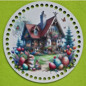   19,5cm Horgolható nyomtatott fa alap   Barna házikó a háttérben nyuszik és tojás elöl 	1db	19,5cm vastagság 3mm	