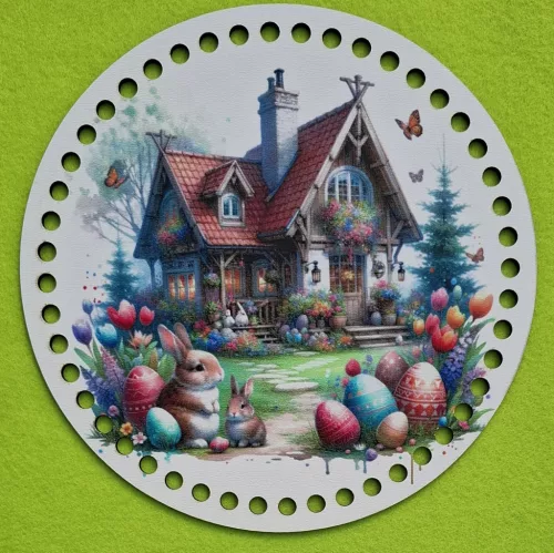 19,5cm Horgolható nyomtatott fa alap   Barna házikó a háttérben nyuszik és tojás elöl 	1db	19,5cm vastagság 3mm	