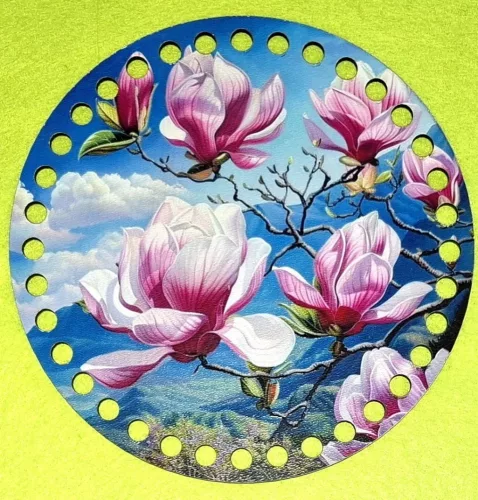 19,5cm Horgolható nyomtatott fa alap 7 mm lyukkal Magnólia virág  	1db	19,5cm vastagság 2,5mm	