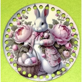   19,5cm Horgolható nyomtatott fa alap 7 mm lyukkal   Fehér Nyuszi rózsaszín virággal  	1db	19,5cm vastagság 2,5mm	