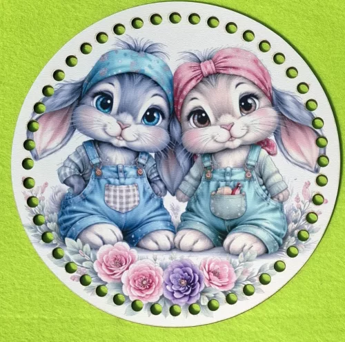 19,5cm Horgolható nyomtatott fa alap 7 mm lyukkal   Aranyos nyuszipár 	1db	19,5cm vastagság 2,5mm	