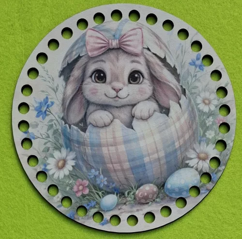 15cm Horgolható nyomtatott fa alap 7mm lyukka Nyuszi tojáshéjban 	1db	15cm vastagság 2,5mm	