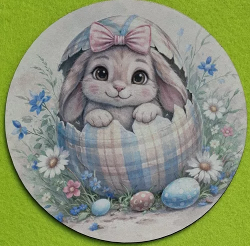 Nyomtatott kerek kopogtató közép Nyuszi tojáshéjban 	1db	15cm vastagság 2,5mm	